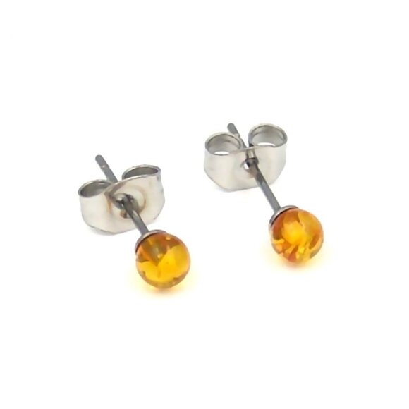Yellow Amber Ball Stud Earrings Hypoallergenic Surgical Steel 4mm SMALL - Picture 2 of 4